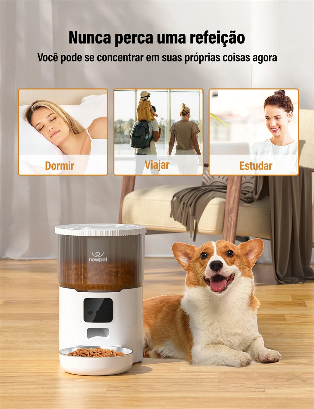 Newpet 4L Alimentador Automático para Gatos com Câmera - Vídeo HD 1080P - Controle via APP - Gravador de Voz - Dispensador Automático de Ração para Gatos e Cães