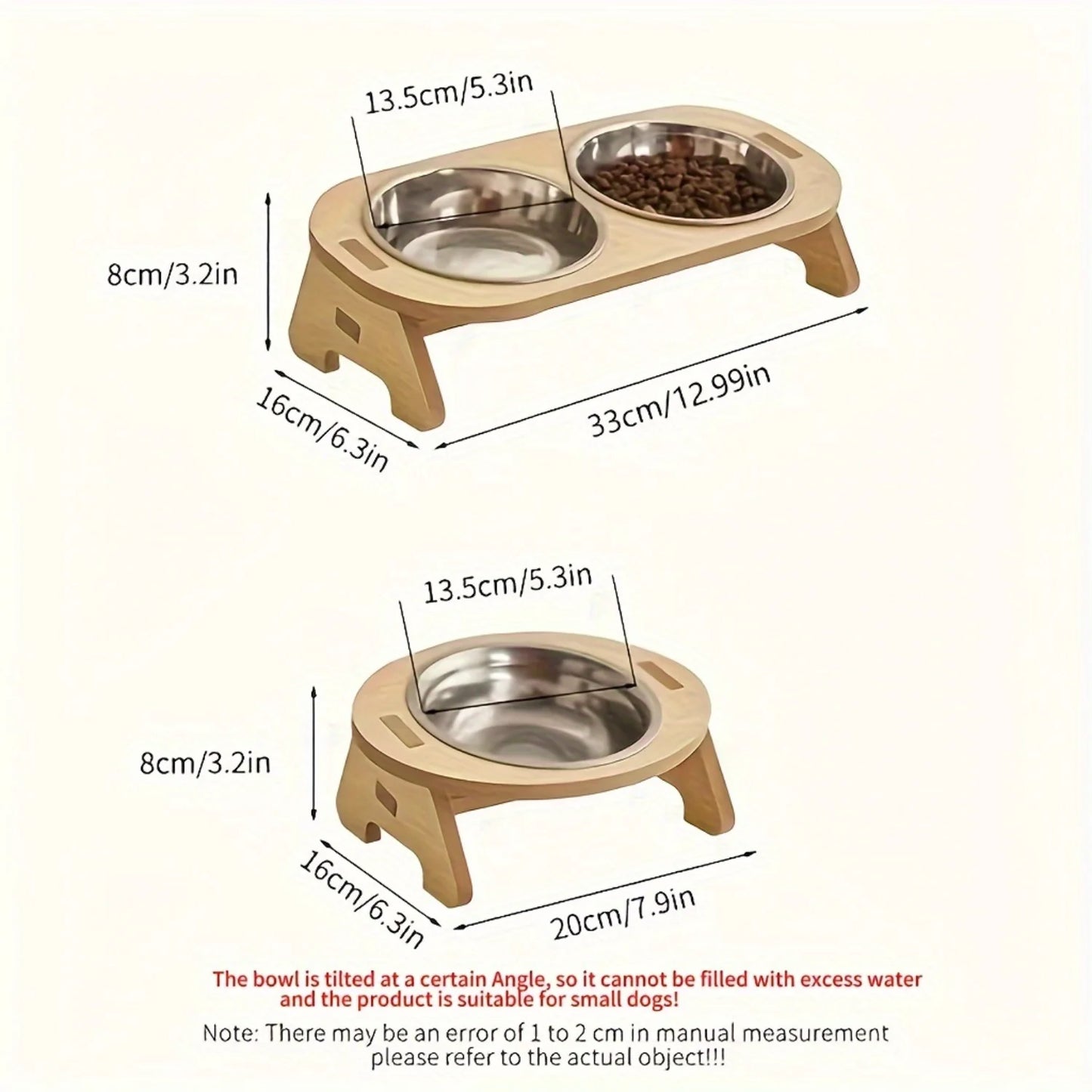 Tigela Inclinada para Ração e Água com Suporte de Madeira para Proteção da Coluna Cervical, Comedouro Removível de Aço Inoxidável para Pets