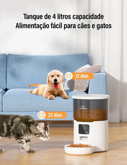 Newpet 4L Alimentador Automático para Gatos com Câmera - Vídeo HD 1080P - Controle via APP - Gravador de Voz - Dispensador Automático de Ração para Gatos e Cães