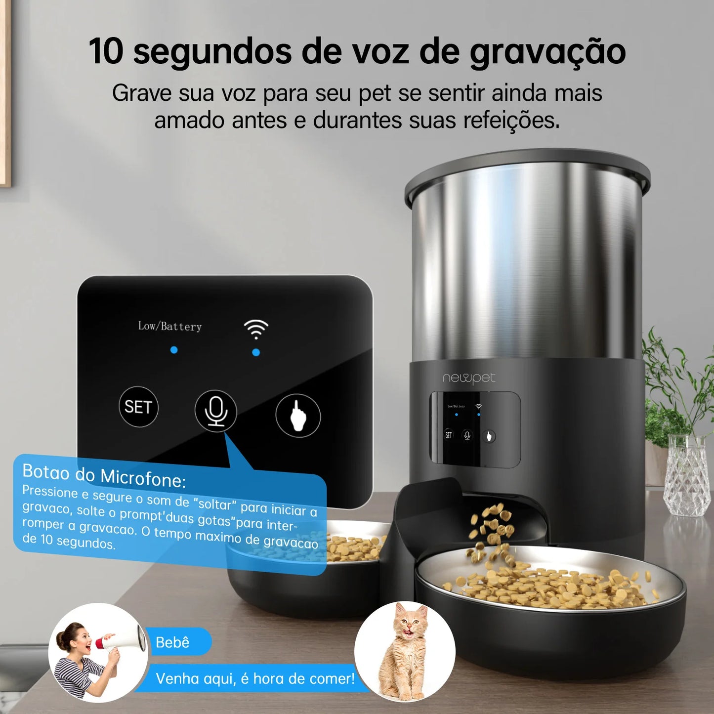 Alimentador Automático para Gatos e Cães com APP Inteligente Tuya, Dispensador de Ração para Gatos e Cães de Pequeno e Médio Porte, Alimentação Remota